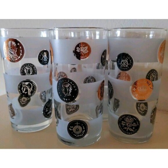 Set Of 7 Vintage Frosted Coin Design High Ball BarGlasses 22 kt Gold Rim Display - Picture 5 of 6